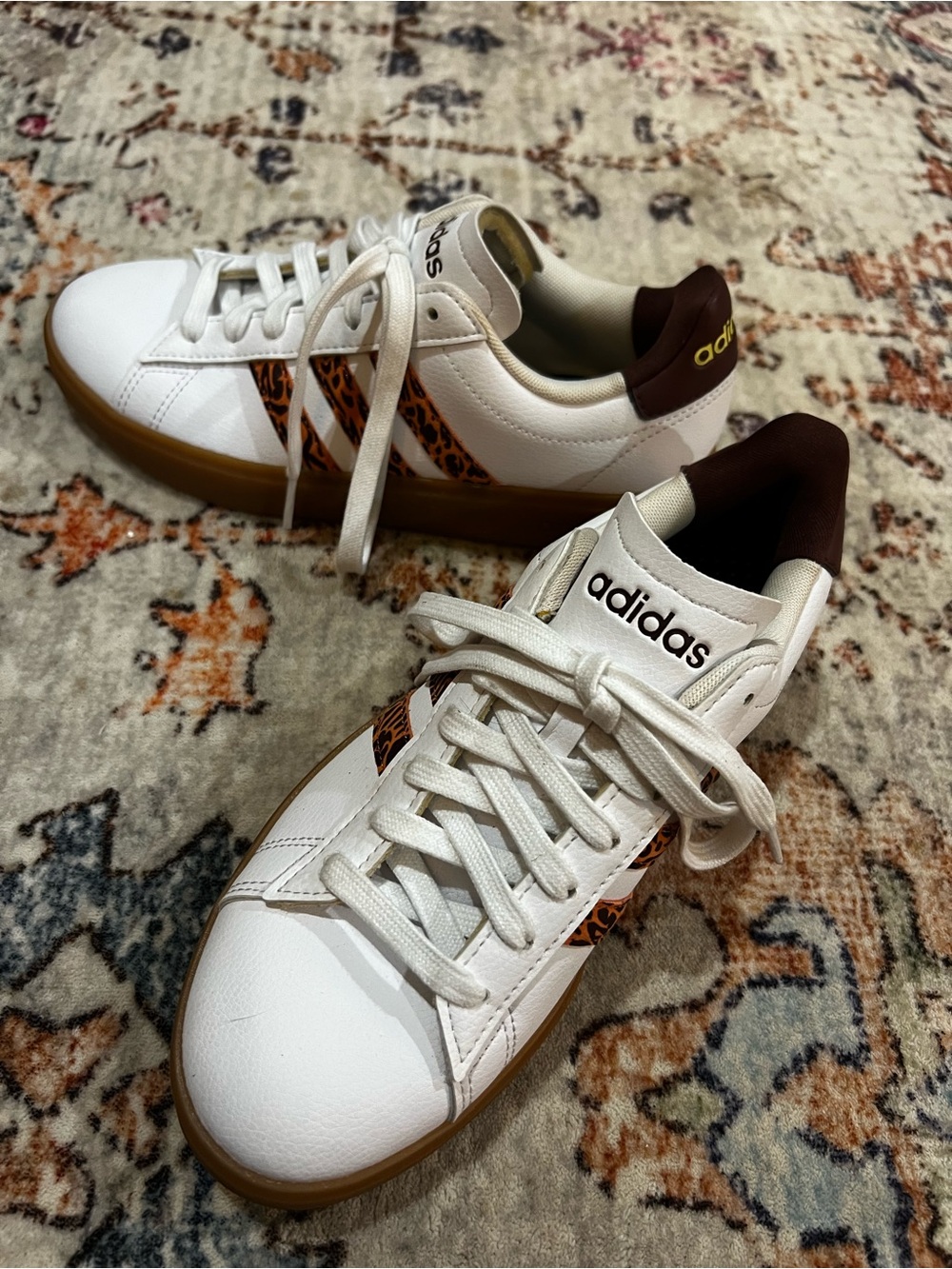 adidas White Sneakers with Brown Heel and Leopard Stripes
